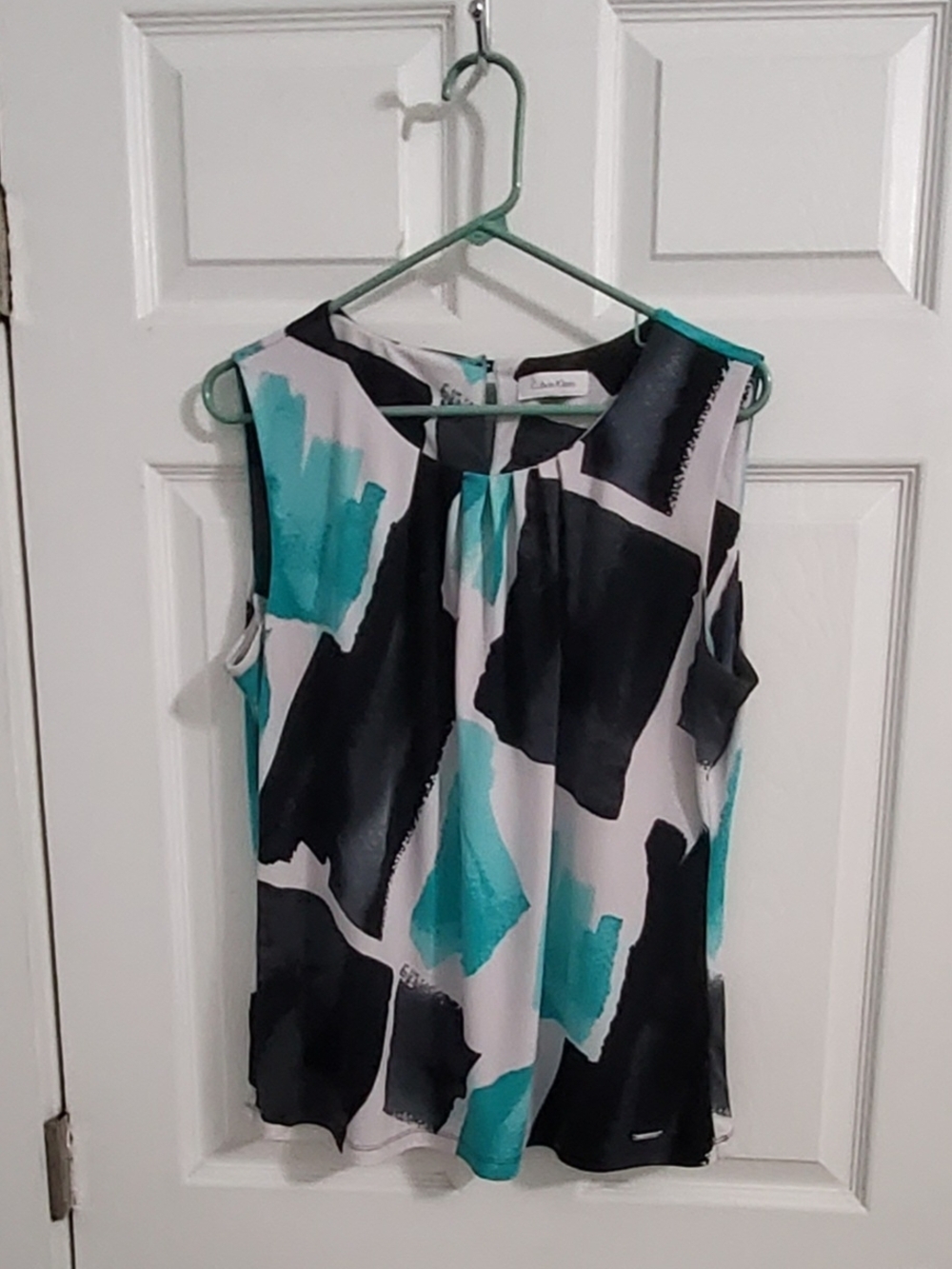 Calvin Klein White & Teal & Black Abstract Sleeveless Blouse